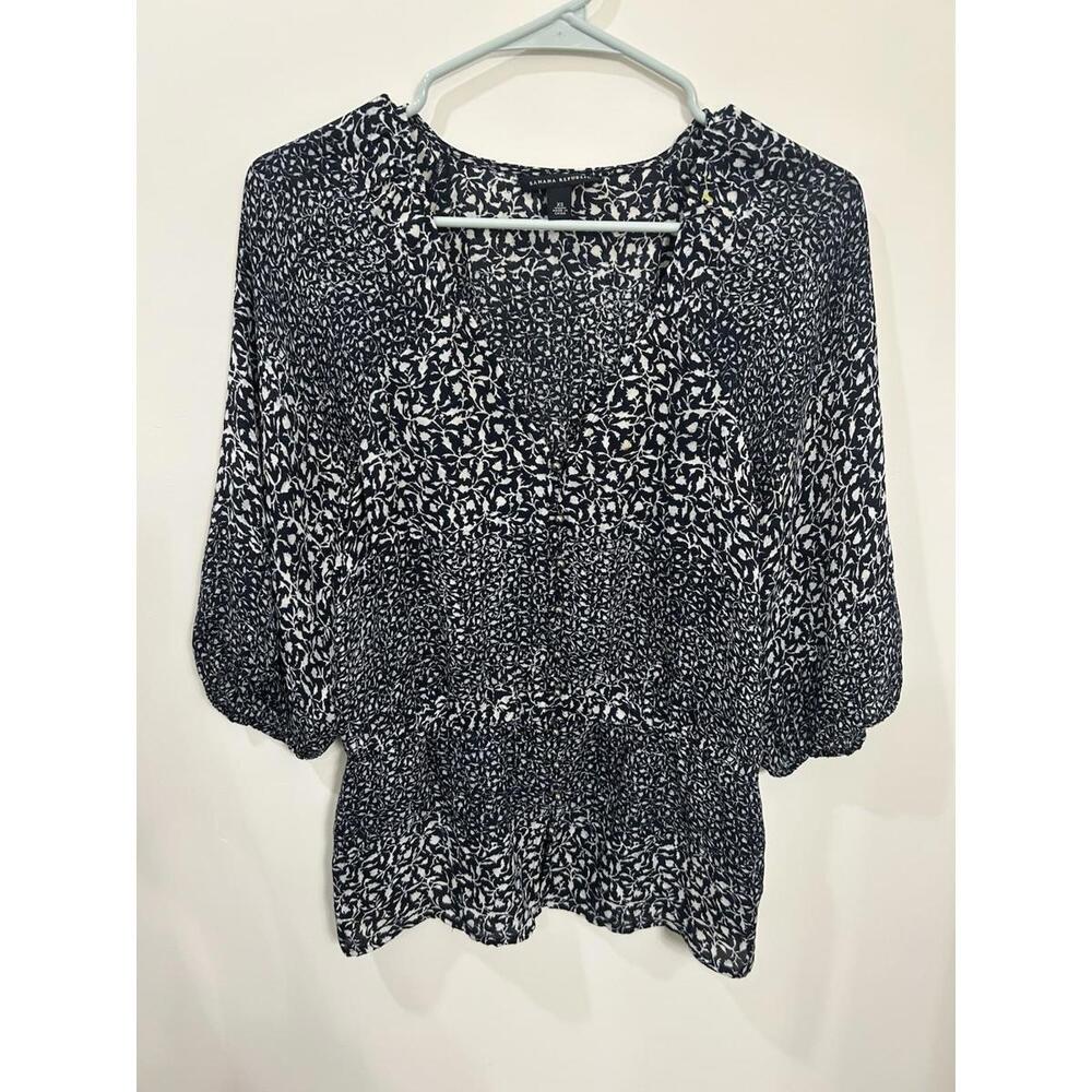 Banana Republic Blue & White Leaf Print V-Neck Peasant Blouse 3/4 Sleeves SZ XS